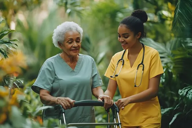 A home and community support worker sharing a friendly moment with a senior client, providing personalized home care
